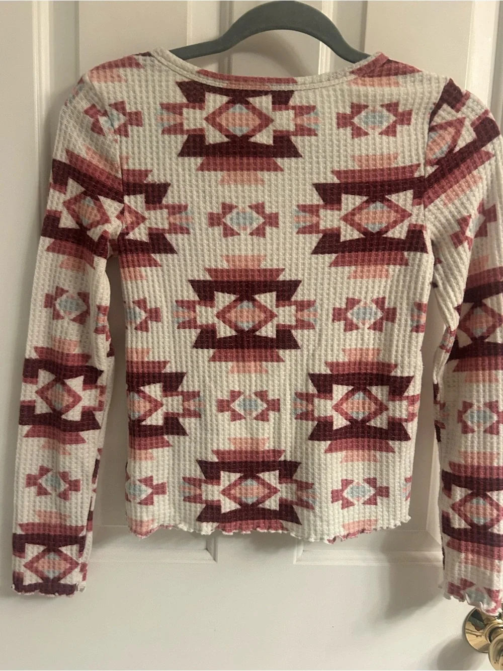 Girls Justice Cream and Burgundy Aztec Waffle-Knit Long Sleeve Top